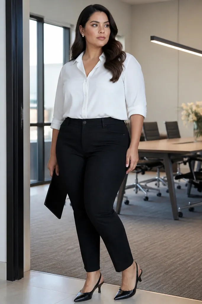 Pencil jeans in black ponte with a white button-front blouse and black slingbacks