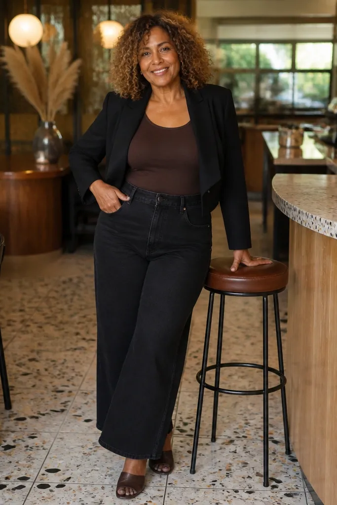 High-rise wide-leg jeans with a fitted black camisole and a cropped gray blazer