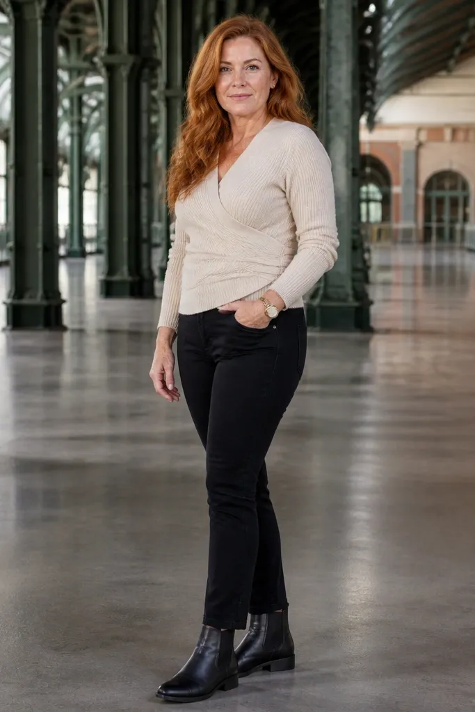 Black ankle jeans with a cream wrap sweater and brown Chelsea boots