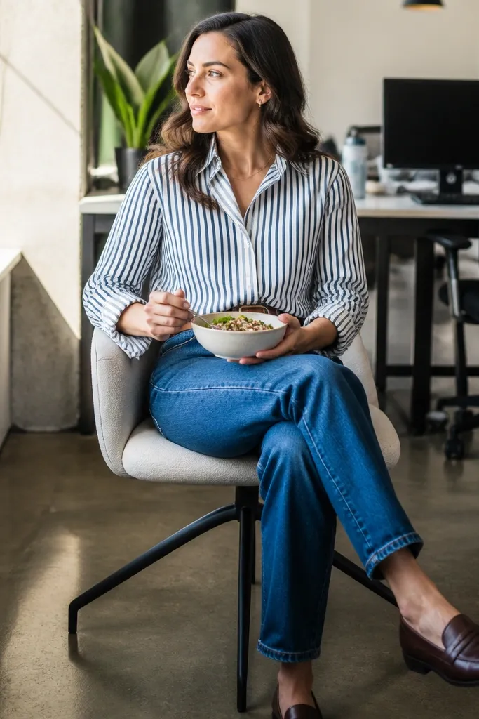 Mid-rise blue jeans with a navy-and-white striped button-front shirt and tan loafers