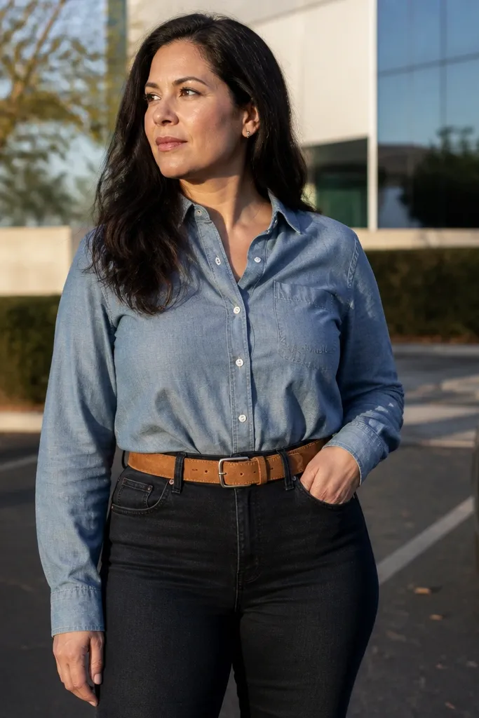 Dark high-rise jeans with a chambray shirt and a suede belt