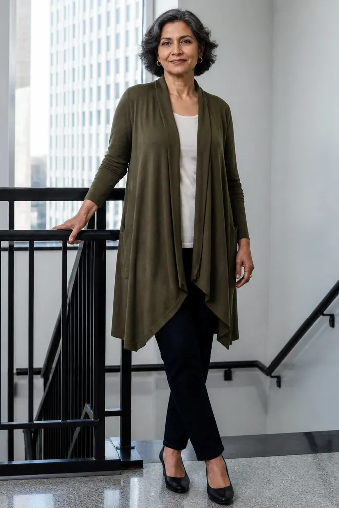 Dark jeans under an olive cardigan dress with a fitted black tank