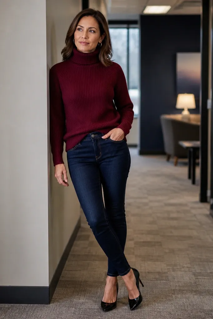 Burgundy turtleneck sweater with mid-rise skinny jeans and black classic pumps