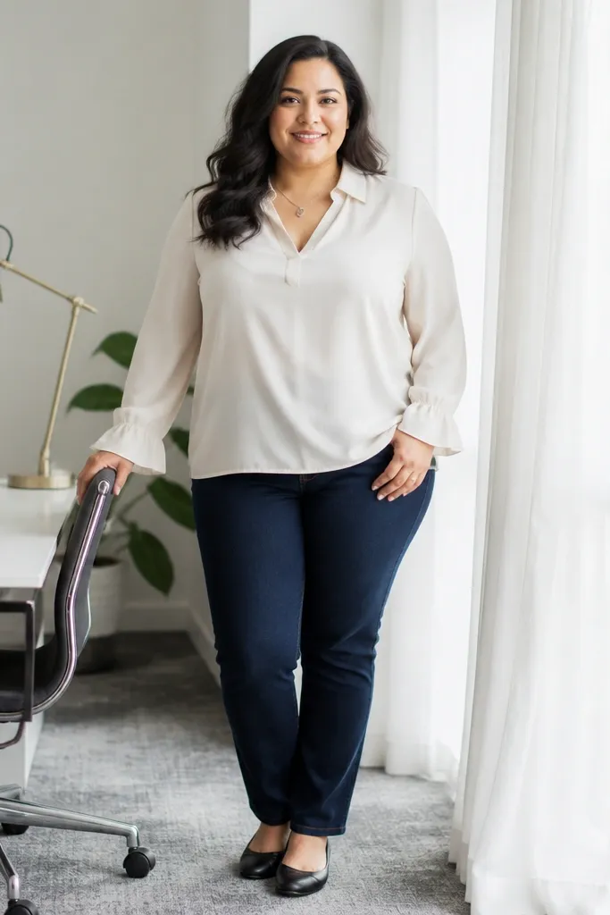 Dark straight jeans with a cream blouse and ruffle cuffs and black ballet flats