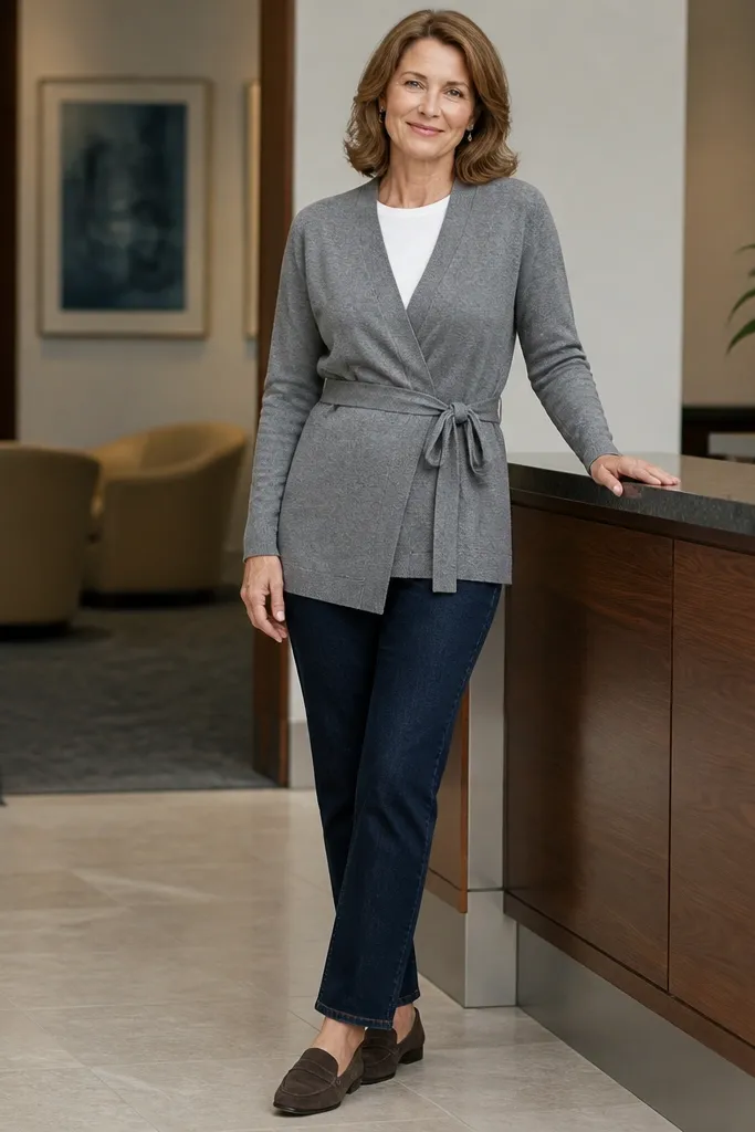 Indigo straight jeans with a gray wrap midi cardigan and dark loafers