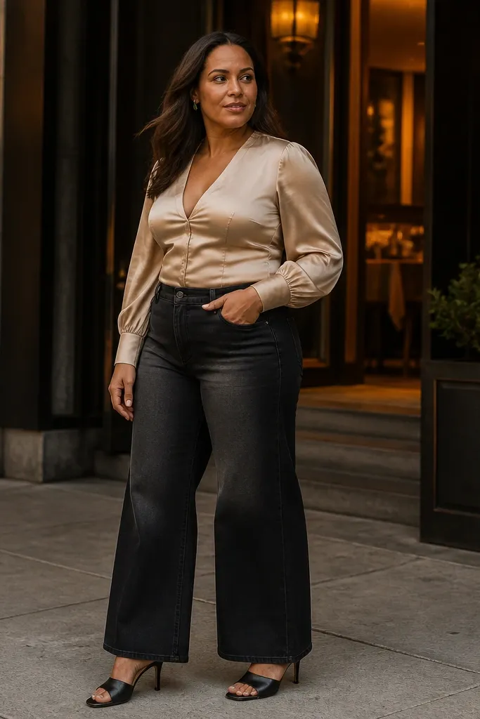 Black wide-leg jeans with a satin-like blouse and heeled mules