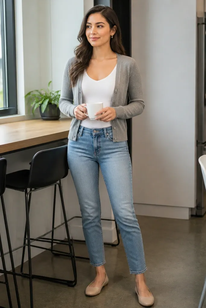 Light blue jeans with a fitted cardigan over a V-neck tank