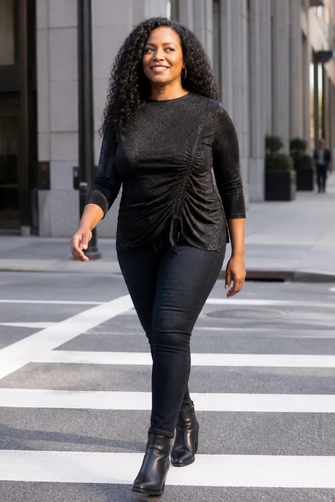 Dark skinny jeans with a side-ruching textured blouse and black ankle boots