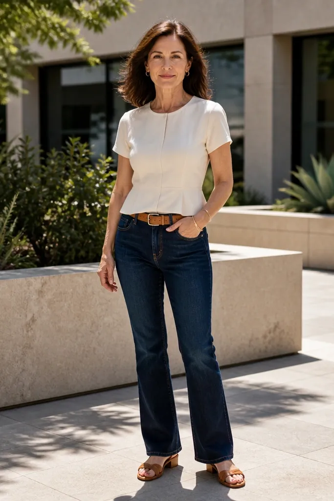 Indigo jeans with a cream blouse and matching set top pieces, tan belt, and flat sandals