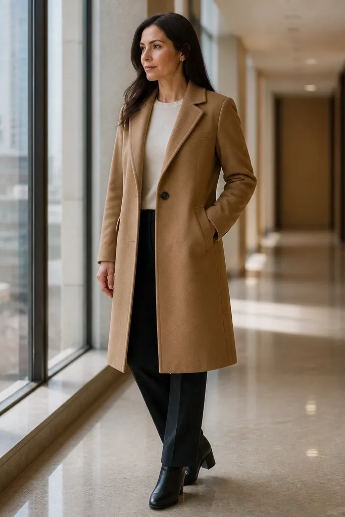 Camel wool coat over black straight trousers with a cream knit top and black ankle boots