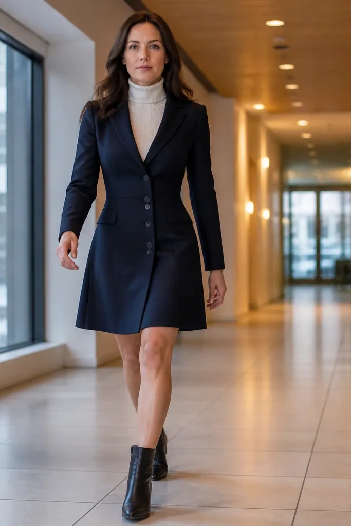 Navy blazer dress layered over a cream turtleneck with nude pumps and a small structured bag