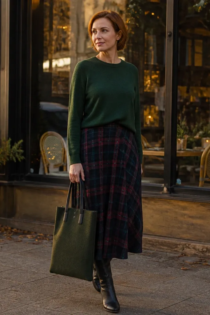 Forest green sweater tucked into a plaid midi skirt with dark tights and brown Chelsea boots