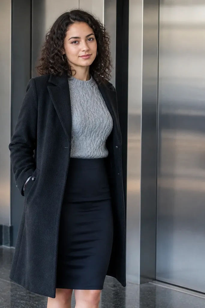 Black ponte pencil skirt with a gray cable-knit sweater and black loafers