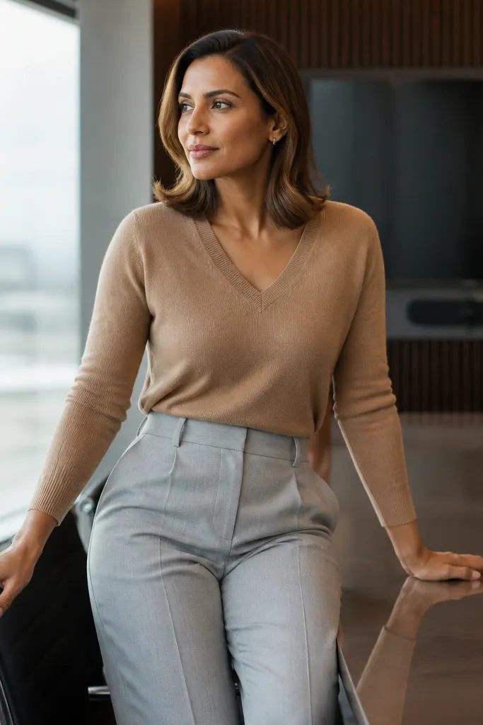 Light gray tailored trousers with a camel v-neck sweater and brown leather belt