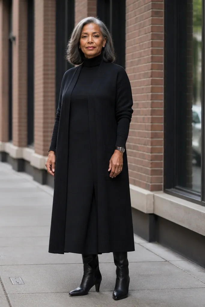 Black turtleneck maxi dress with a long wool cardigan and black heeled boots
