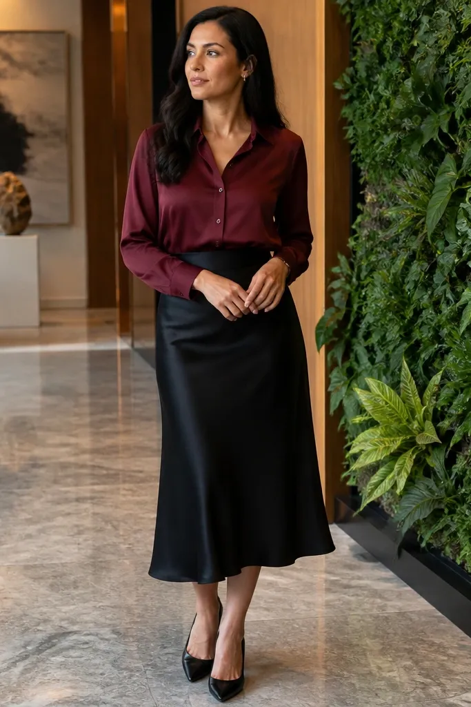 Burgundy button-down tucked into a black midi slip skirt with black boots and a silver belt buckle