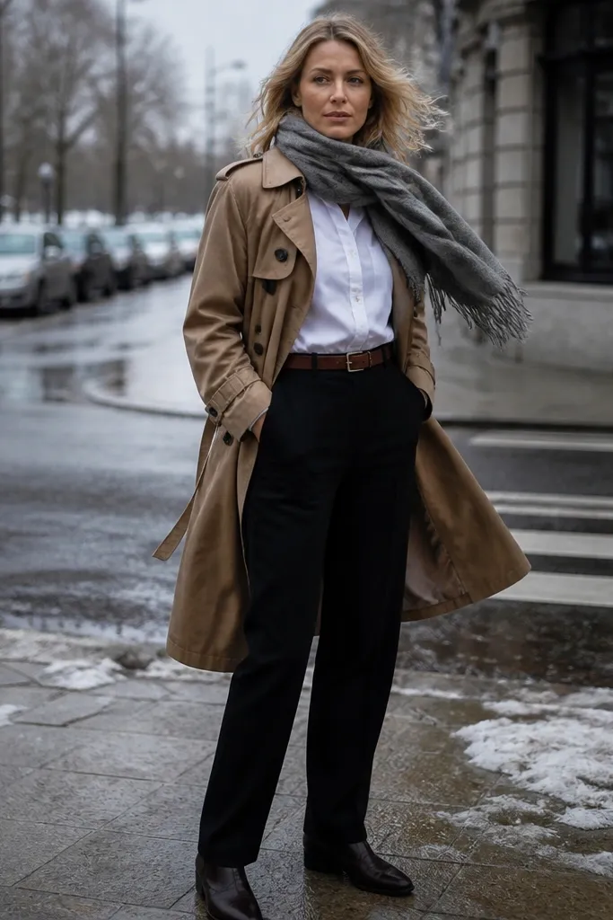 Tan trench over black trousers with a white Oxford shirt and dark brown loafers