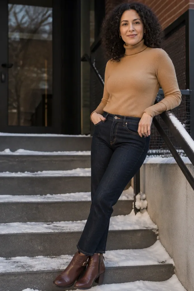Camel turtleneck with dark denim and brown belted ankle boots plus a structured tote