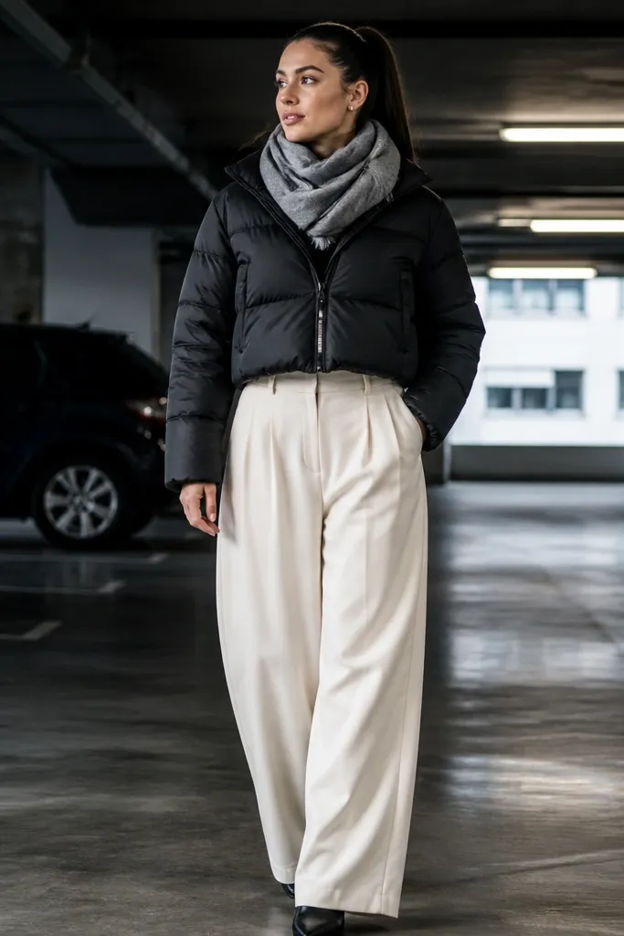 Black cropped puffer over cream wide-leg trousers with black loafers and a gray scarf
