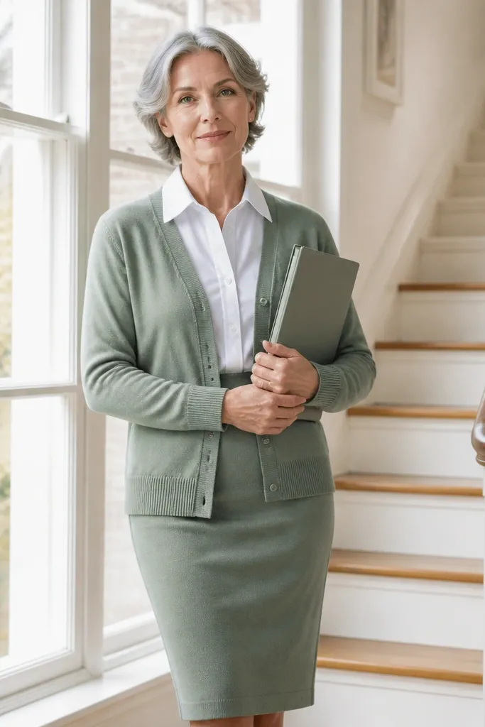 Sage knit cardigan and skirt with a white button-through shirt layer and tan flats
