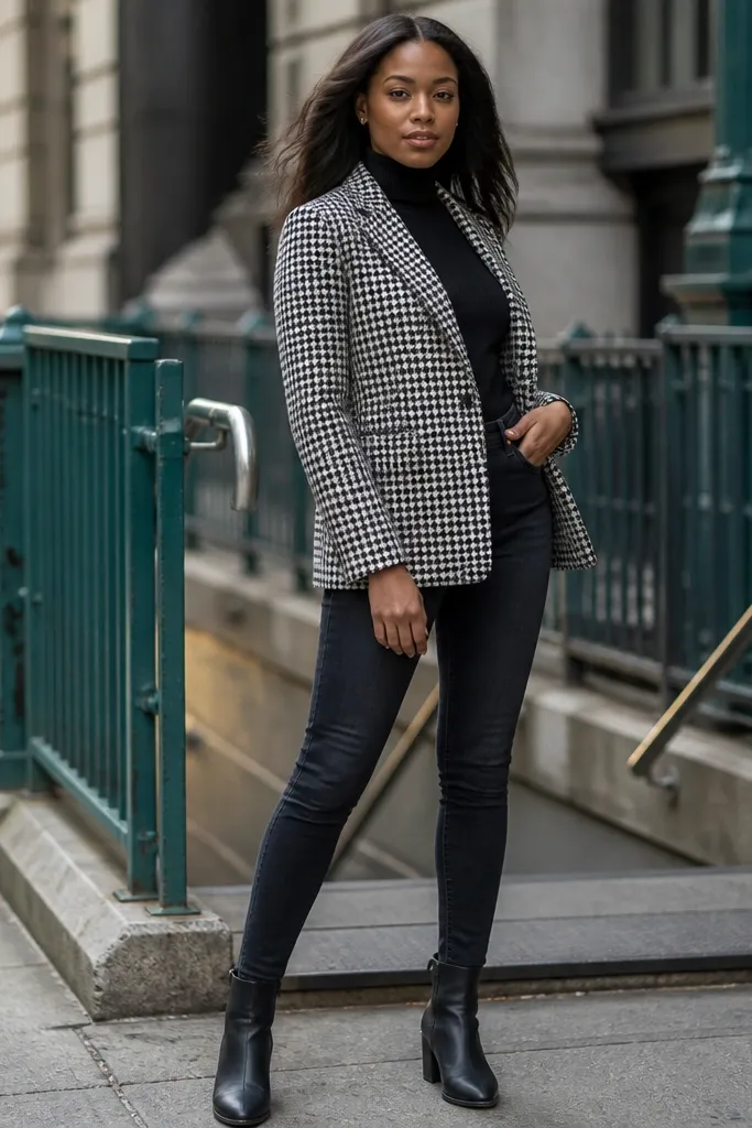 Houndstooth blazer over a black turtleneck with ankle jeans and black Chelsea boots