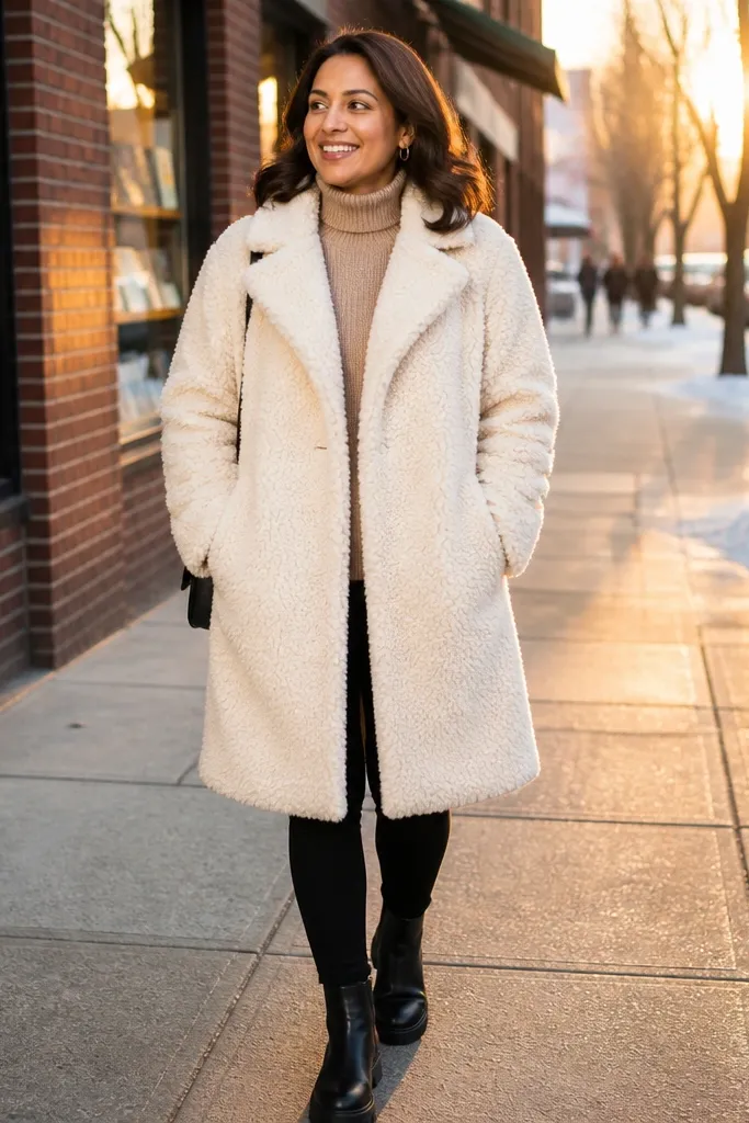Cream teddy coat over camel sweater with black leggings and dark brown boots