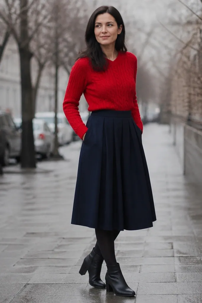 Red sweater tucked into a navy midi skirt with dark tights and black ankle boots