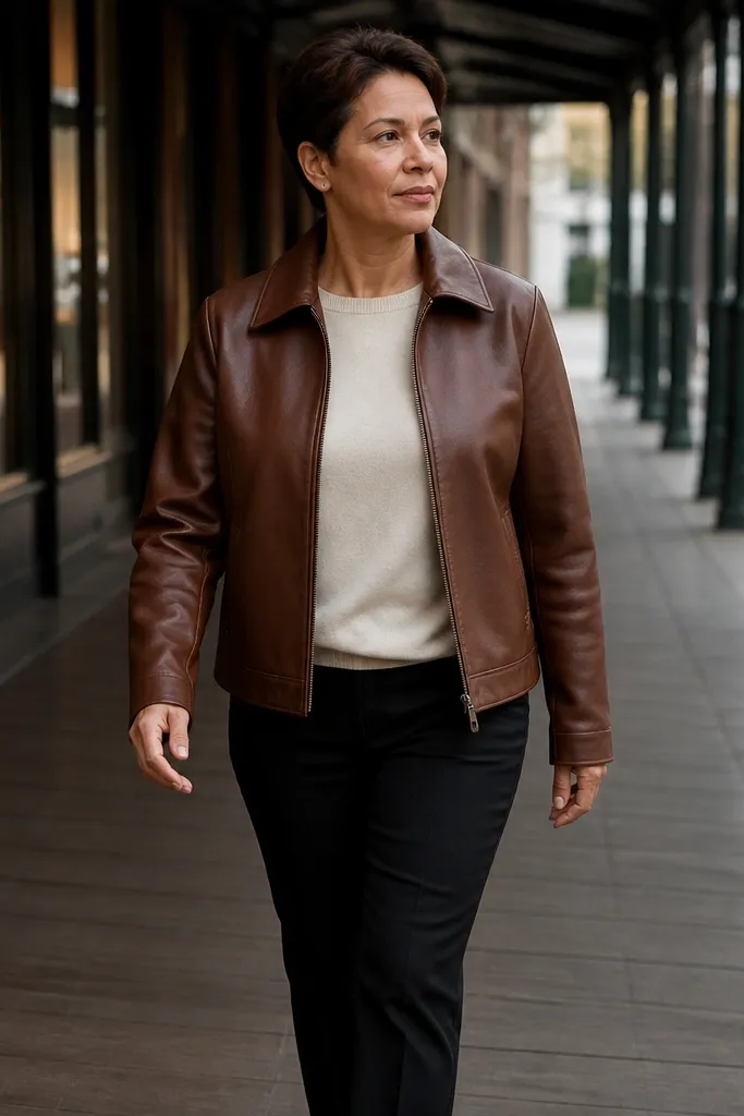 Brown leather jacket over cream sweater with black straight jeans and brown boots