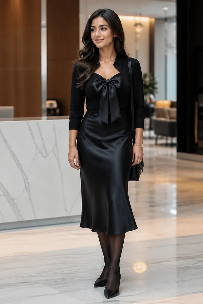 Black slip midi skirt with a satin bow blouse and pointed toe flats