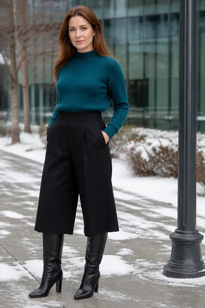 Teal sweater tucked into black culottes with knee-high boots and a long coat