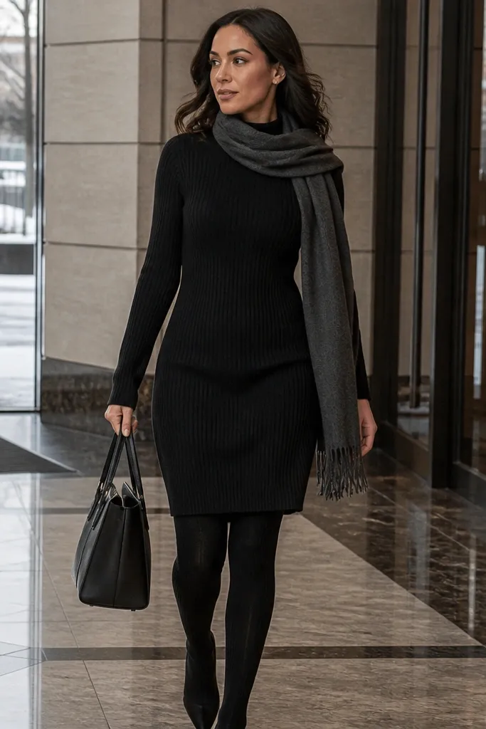 Black sweater dress with ribbed tights and a long scarf with ankle boots
