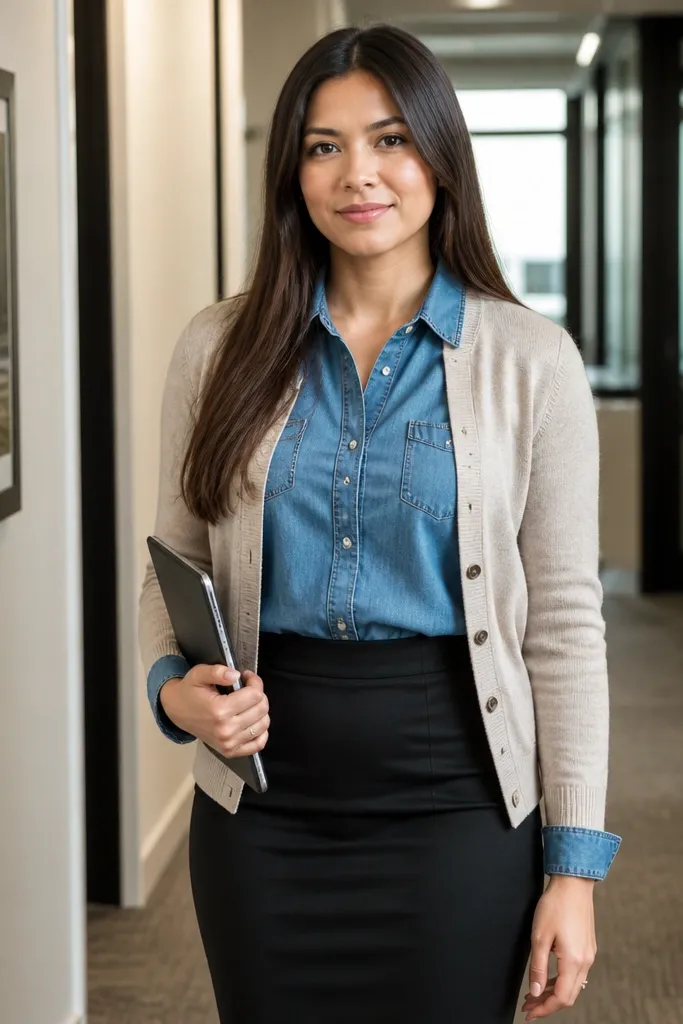 Oatmeal cardigan over a denim shirt with a black pencil skirt and black boots