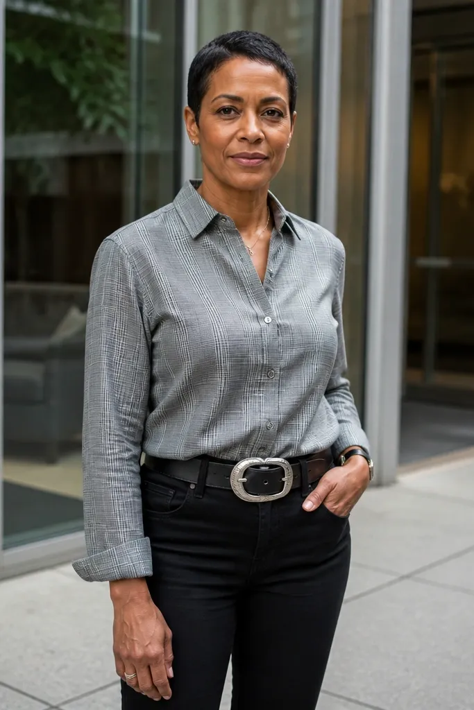 Gray checked shirt tucked into black straight jeans with a statement belt and black boots