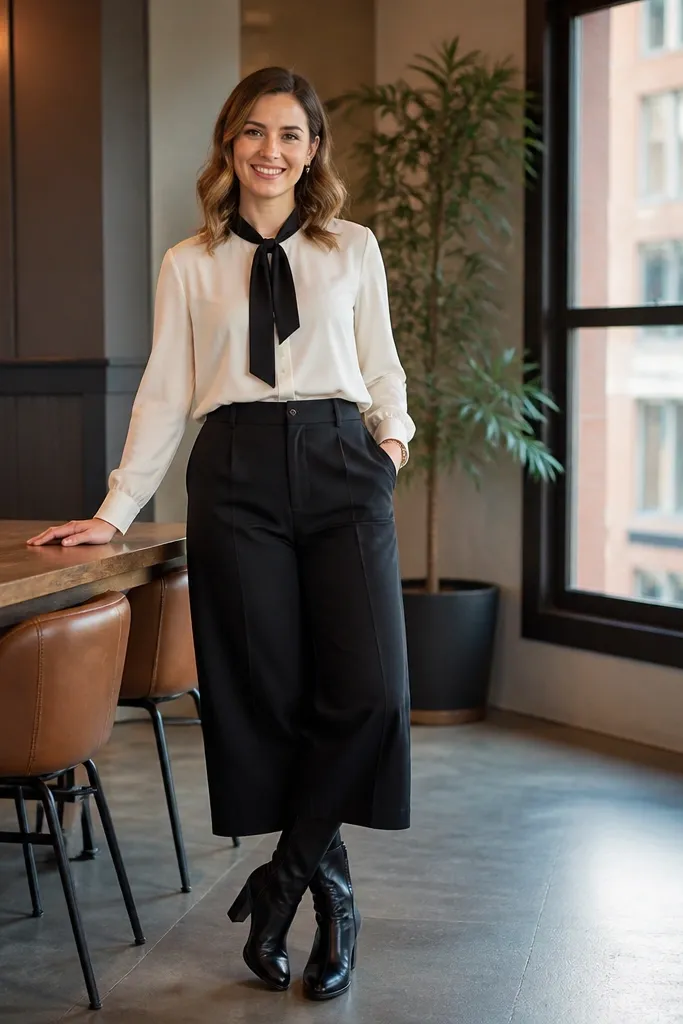 Ivory blouse with a black bow tie tucked into black culottes with heeled boots