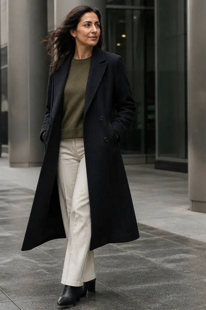 Black long coat over olive sweater with cream trousers and dark brown loafers