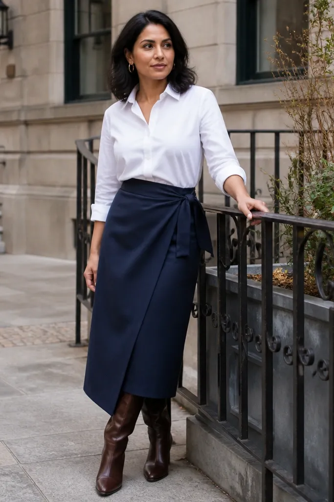 White poplin shirt tucked into navy wrap skirt with brown boots and a tan belt