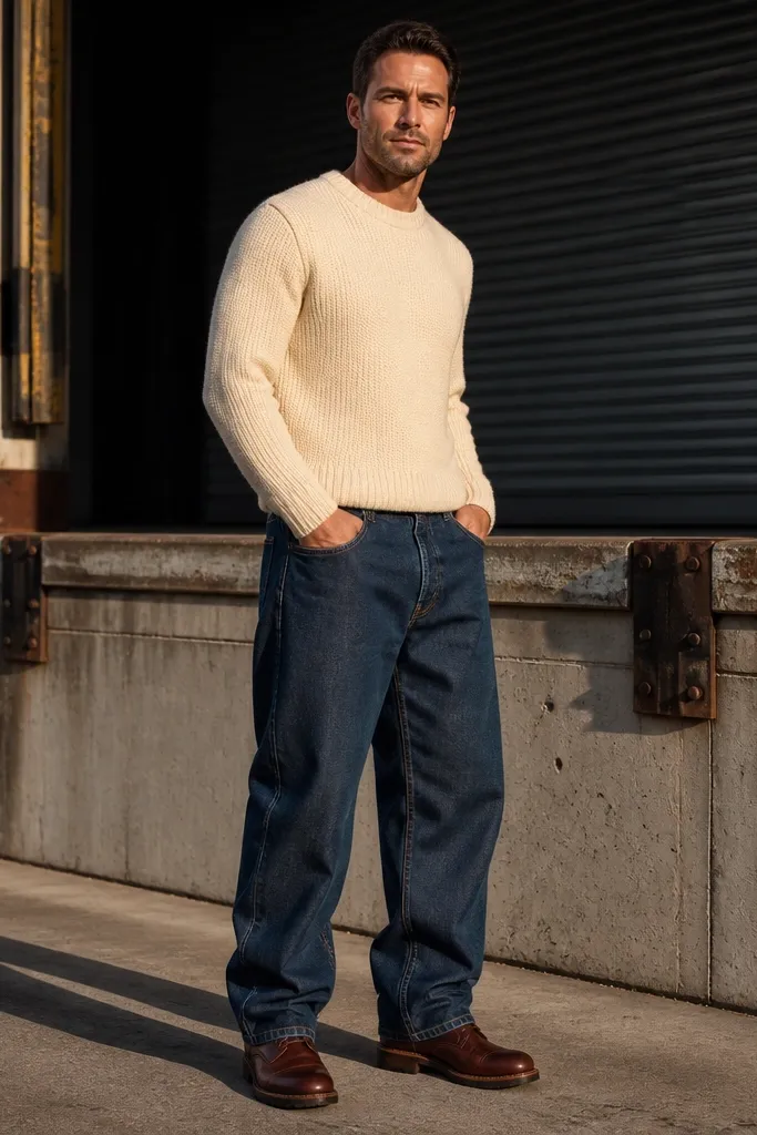 Cream cropped sweater with dark blue baggy jeans and brown leather boots