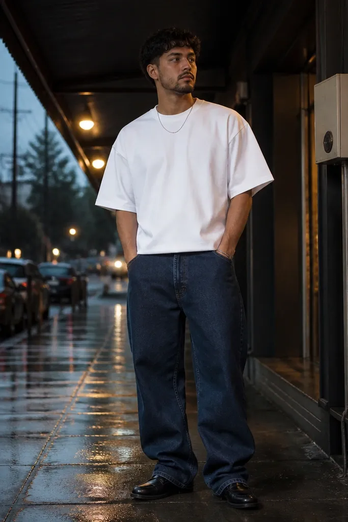 White oversized tee with dark blue baggy jeans and black loafers
