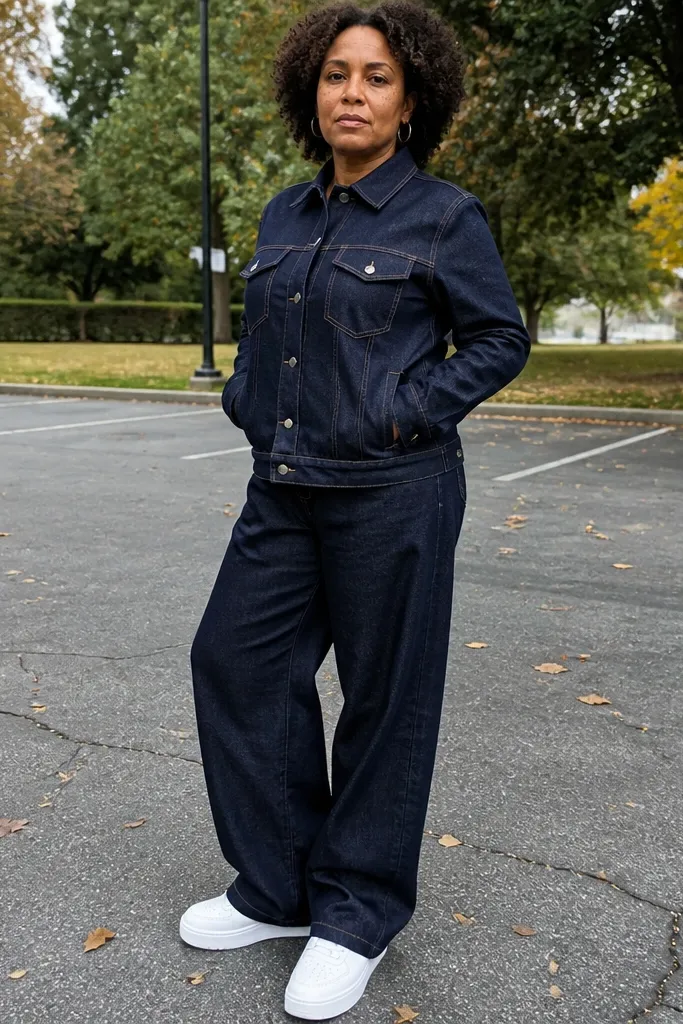 Navy denim jacket with dark blue baggy jeans and white sneakers