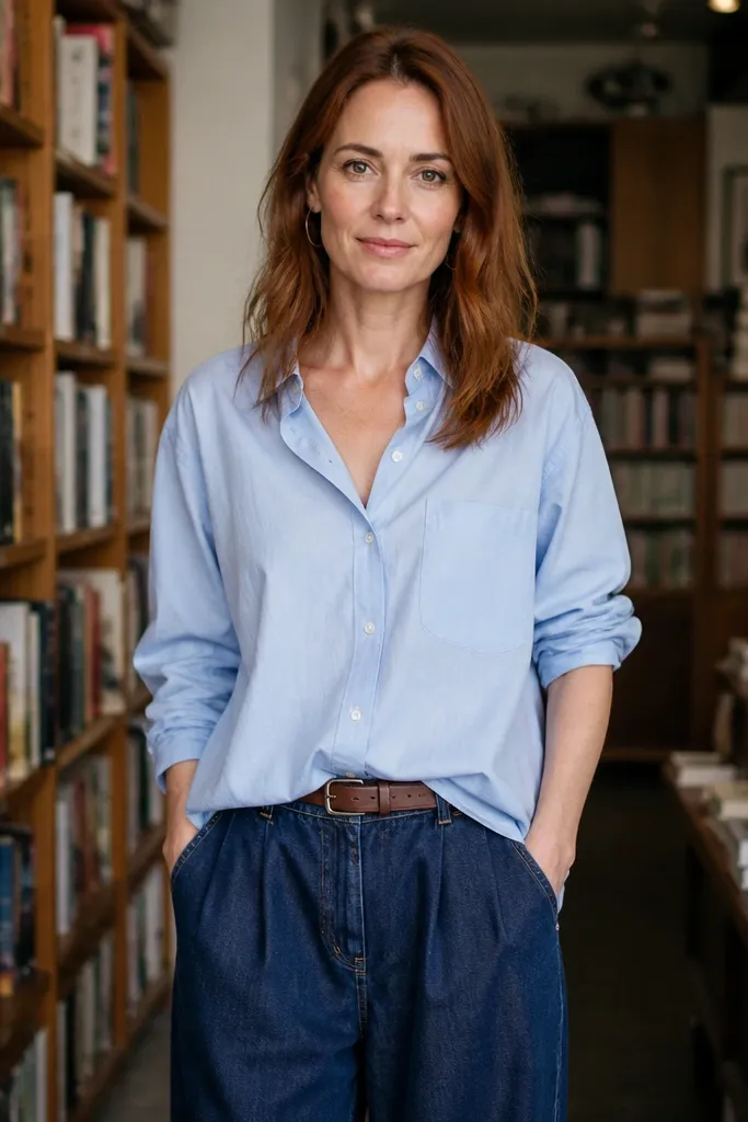 Light blue button-up shirt half-tucked into dark blue baggy jeans
