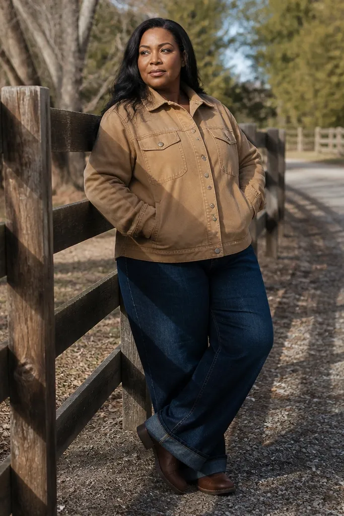 Tan canvas overshirt with dark blue baggy jeans and brown suede sneakers