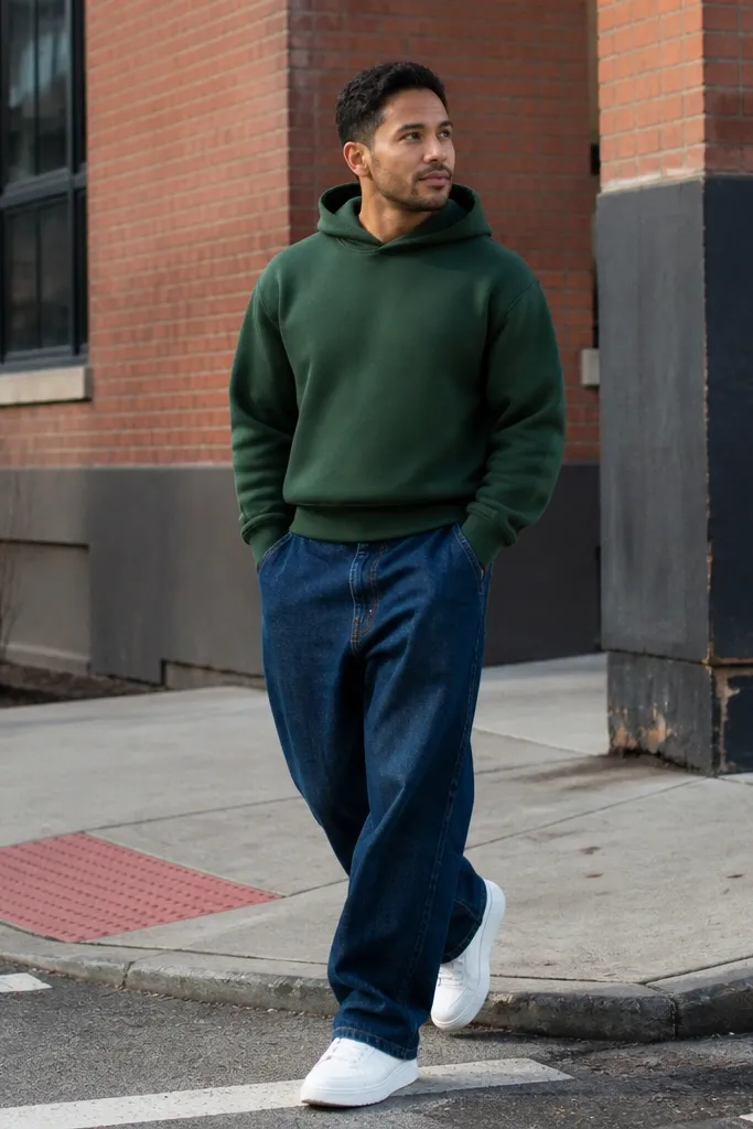 Forest green hoodie with dark blue baggy jeans and clean white sneakers