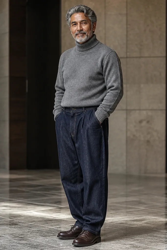 Gray turtleneck with dark blue baggy jeans and dark brown derby shoes