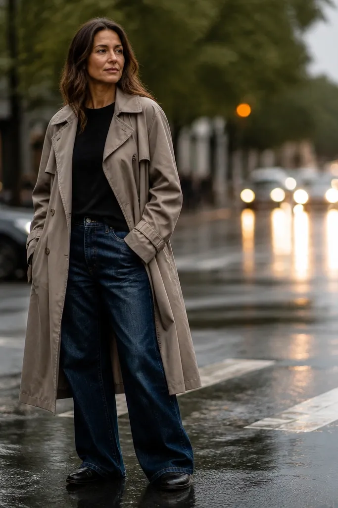 Black t-shirt with dark blue baggy jeans and a taupe trench coat