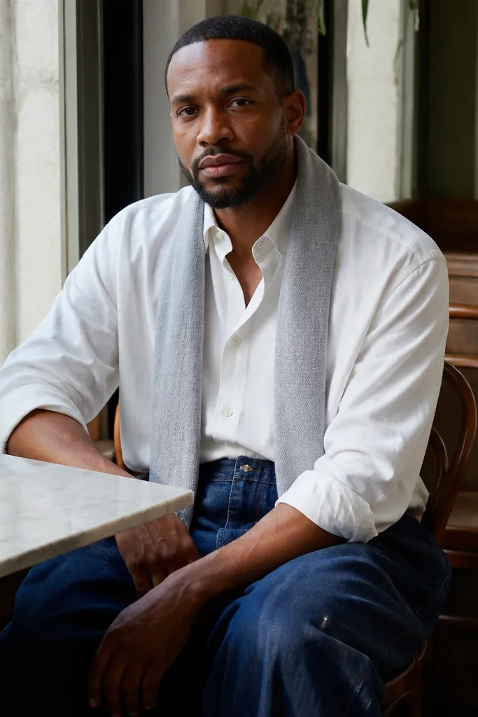 White button-up shirt with dark blue baggy jeans and a light scarf