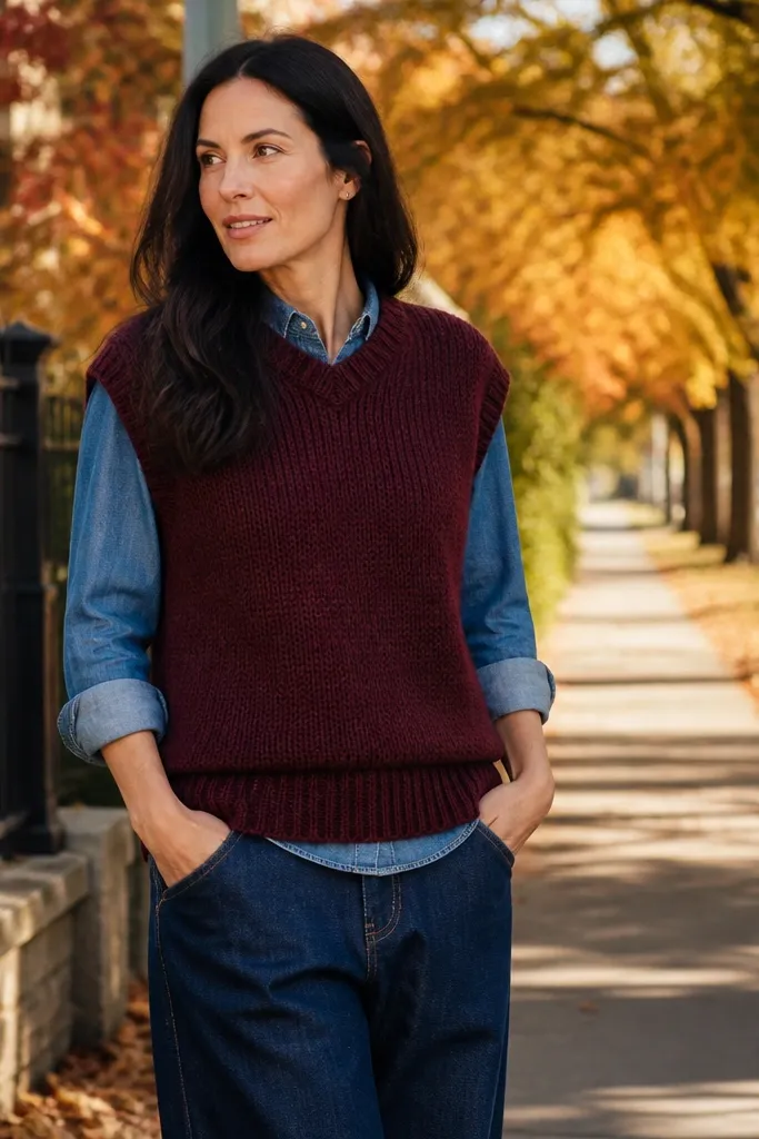Burgundy sweater vest over a chambray shirt with dark blue baggy jeans