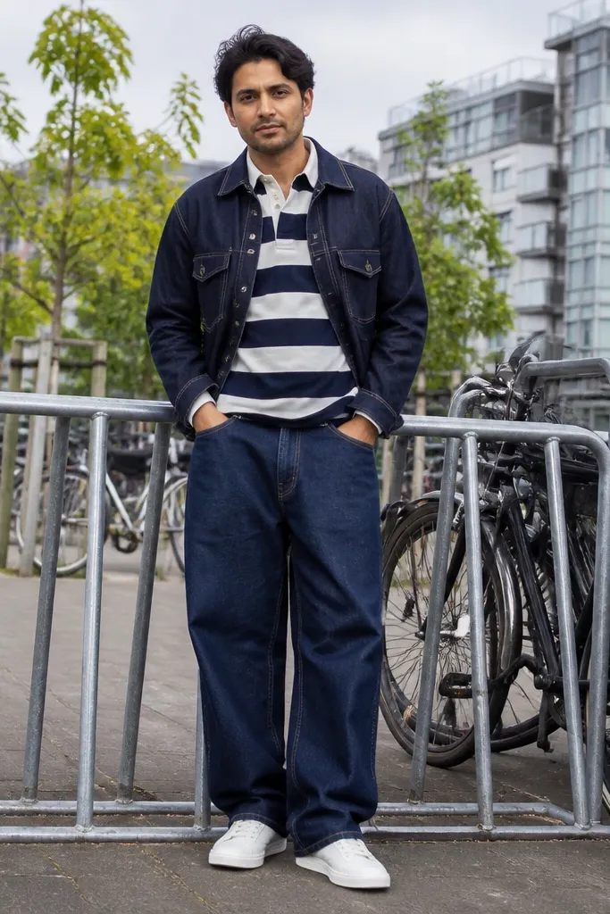 Striped rugby polo with dark blue baggy jeans and a navy denim jacket
