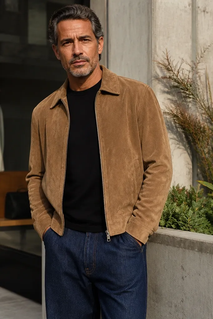 Tan suede jacket over a black crewneck with dark blue baggy jeans