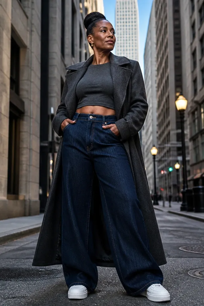 Charcoal overcoat with cropped tee and dark blue baggy jeans