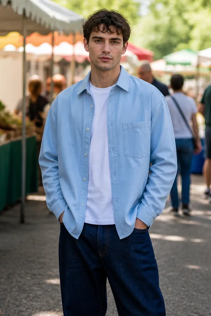 Sky blue overshirt with white tee and dark blue baggy jeans